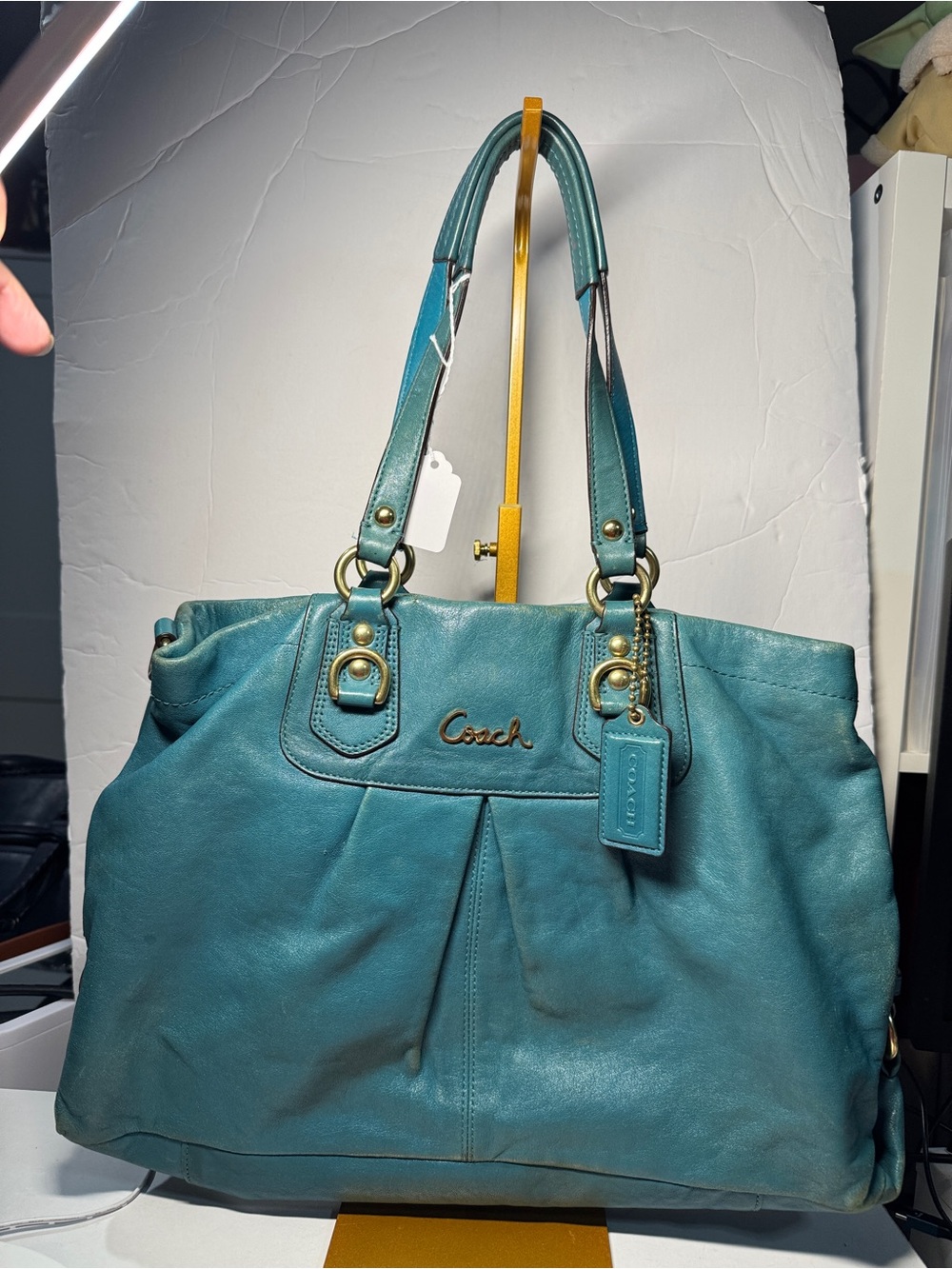 Coach Teal Leather Ashley Tote with Gold-Tone Hardware and hangtag needs clean